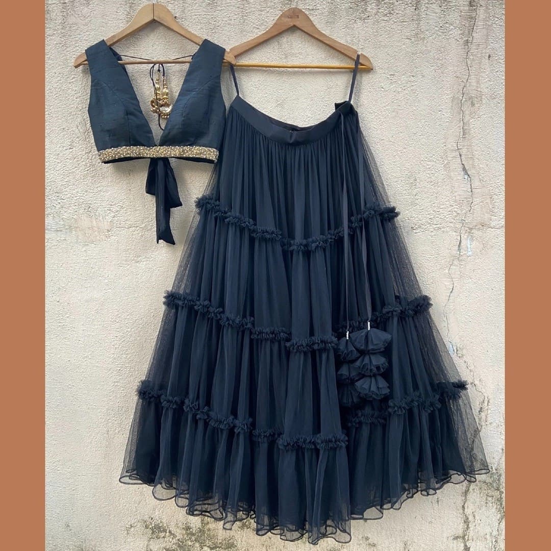 Soft Net Navy Blue Plain Ruffle Lehenga Choli