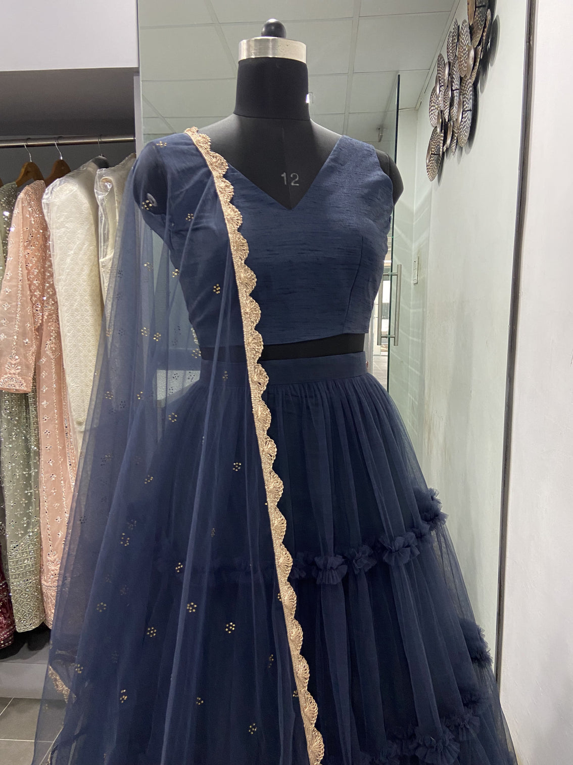 Soft Net Navy Blue Plain Ruffle Lehenga Choli