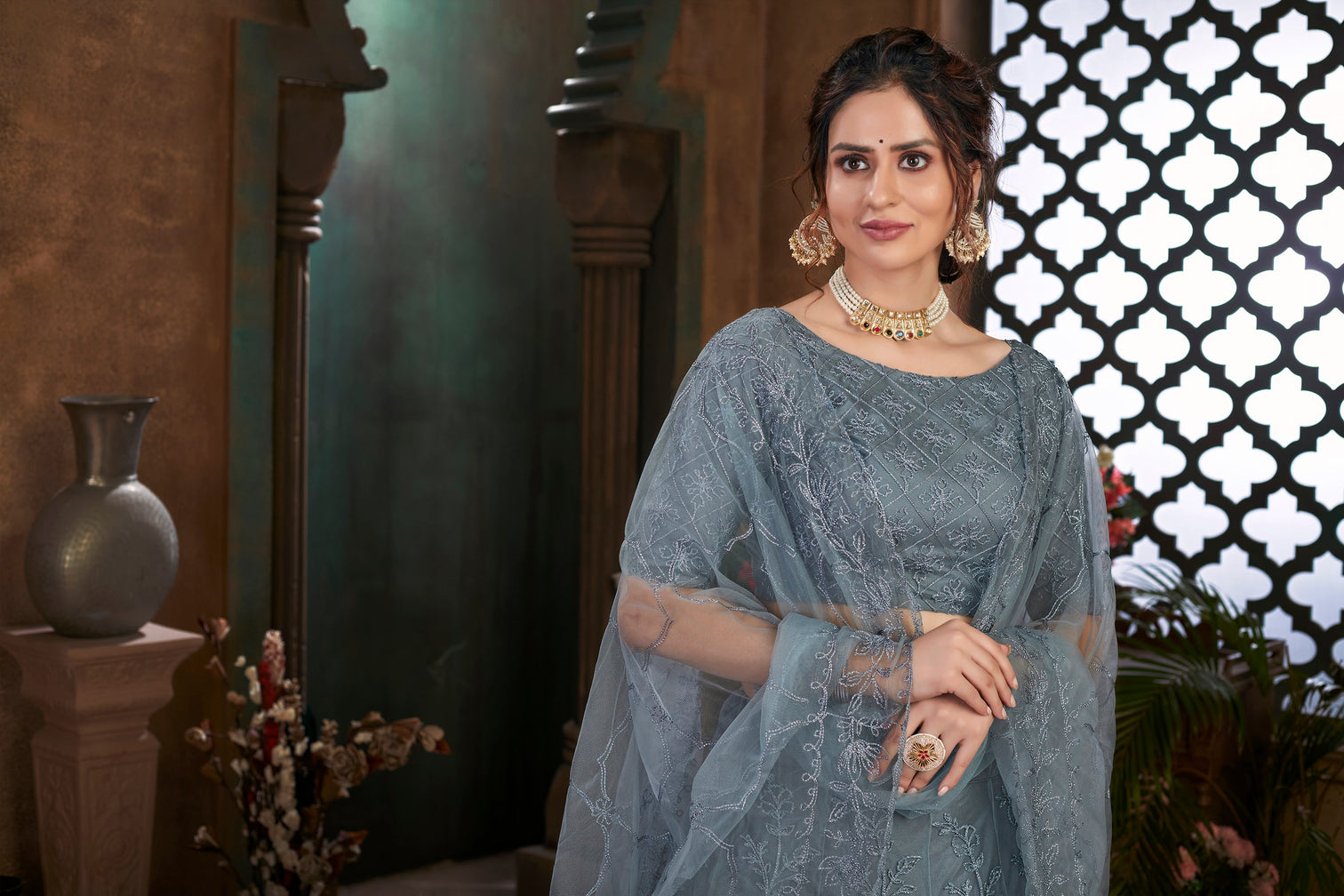 Soft Net Fabric Grey Color Lehenga Choli With Dori Work
