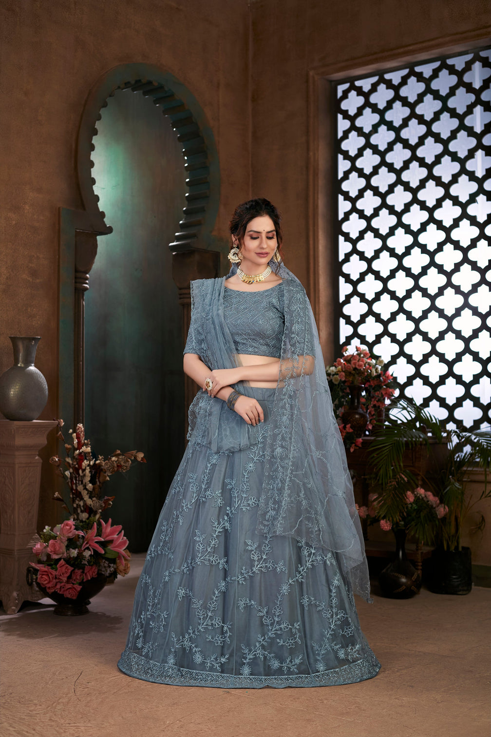 Soft Net Fabric Grey Color Lehenga Choli With Dori Work