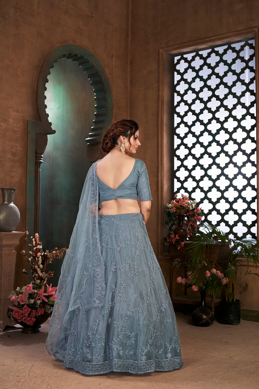 Soft Net Fabric Grey Color Lehenga Choli With Dori Work