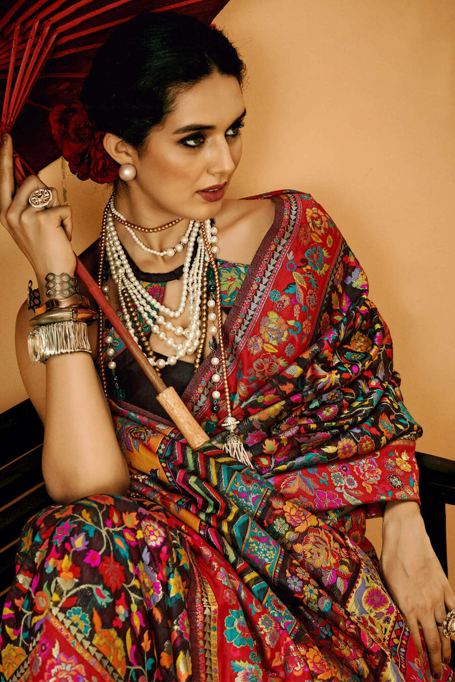 Sensational Black Pashmina Saree With Diaphanous Blouse Piece