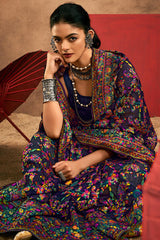 Brood Navy Blue Pashmina Saree With Demesne Blouse Piece