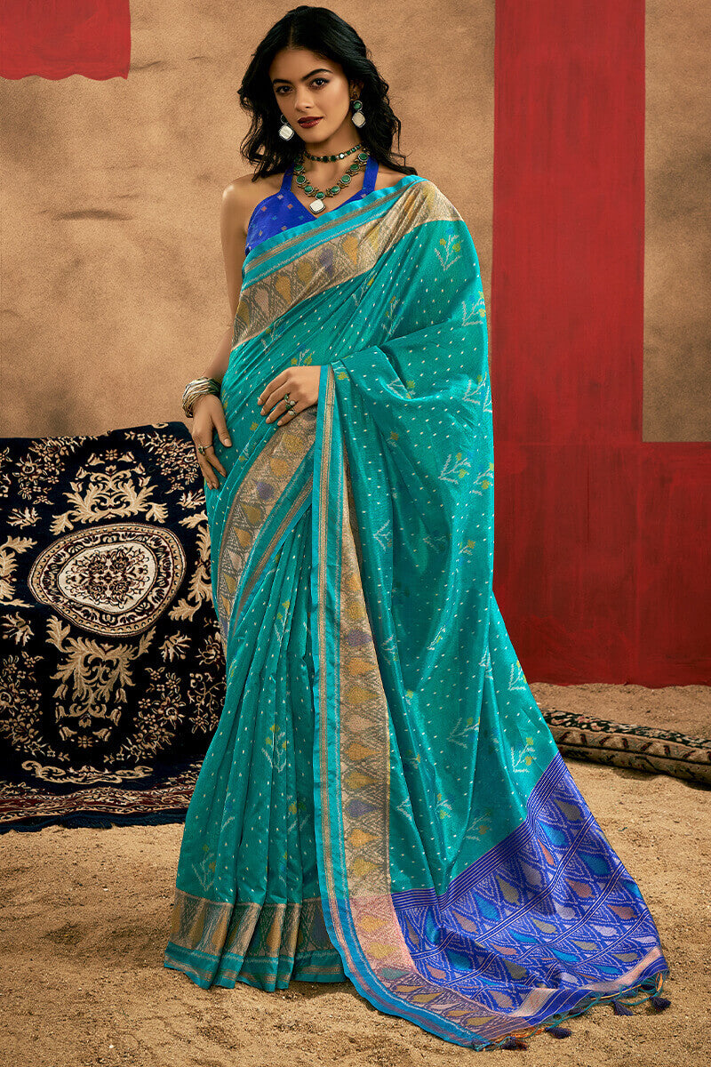 Artistic Turquoise Soft Banarasi Silk Saree With Beautiful  Blouse Piece