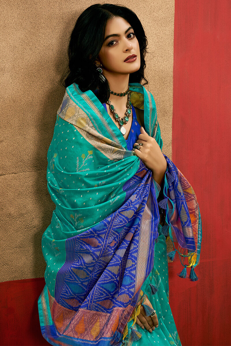 Artistic Turquoise Soft Banarasi Silk Saree With Beautiful  Blouse Piece