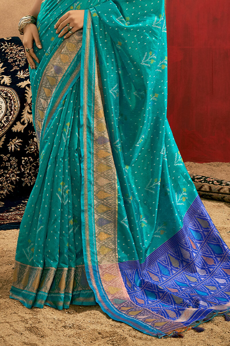 Artistic Turquoise Soft Banarasi Silk Saree With Beautiful  Blouse Piece
