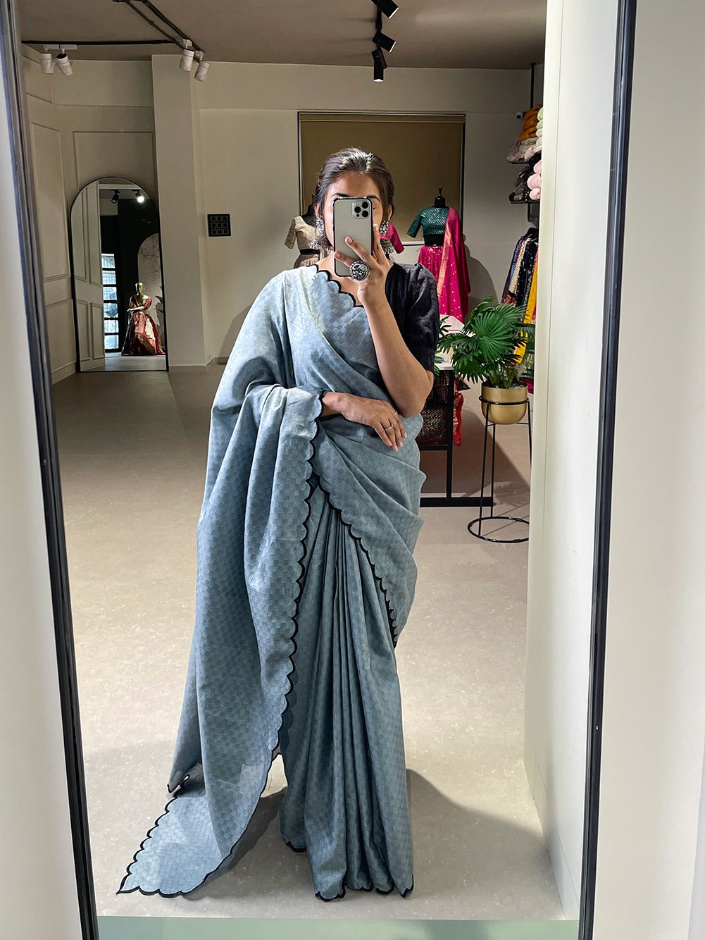 Exquisite Steel Grey Gadhwal Chex Saree with Arca Work and Lucknowi Work Blouse