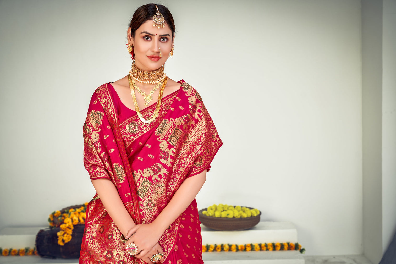 Striking Dark Pink Zari Woven Banarasi Silk Light Weight Saree