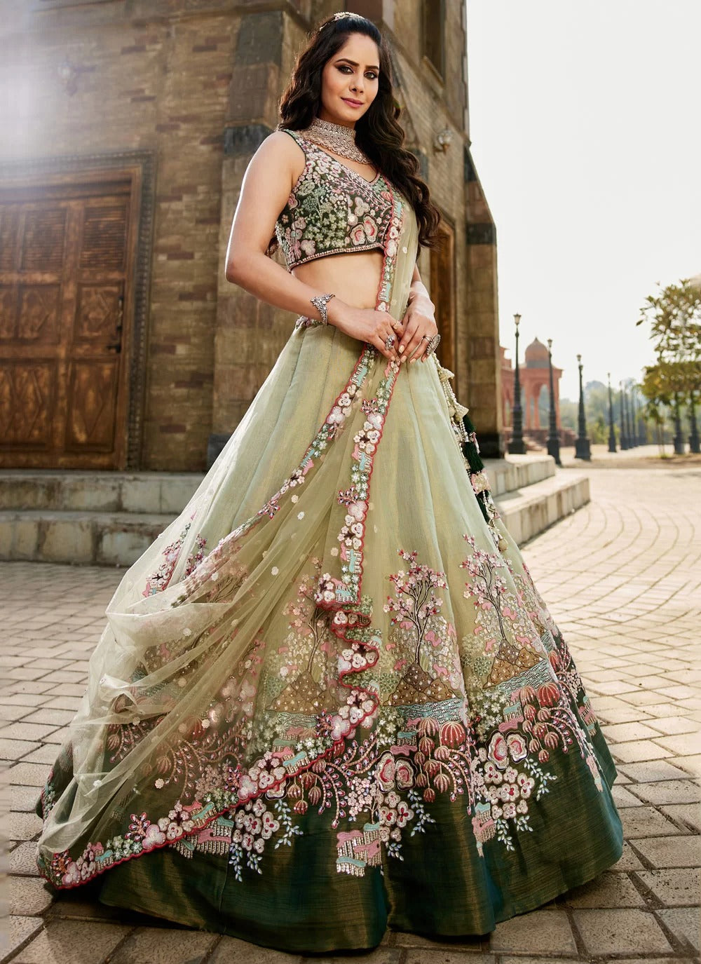 Stunning green beaded net lehenga choli for indian weddings