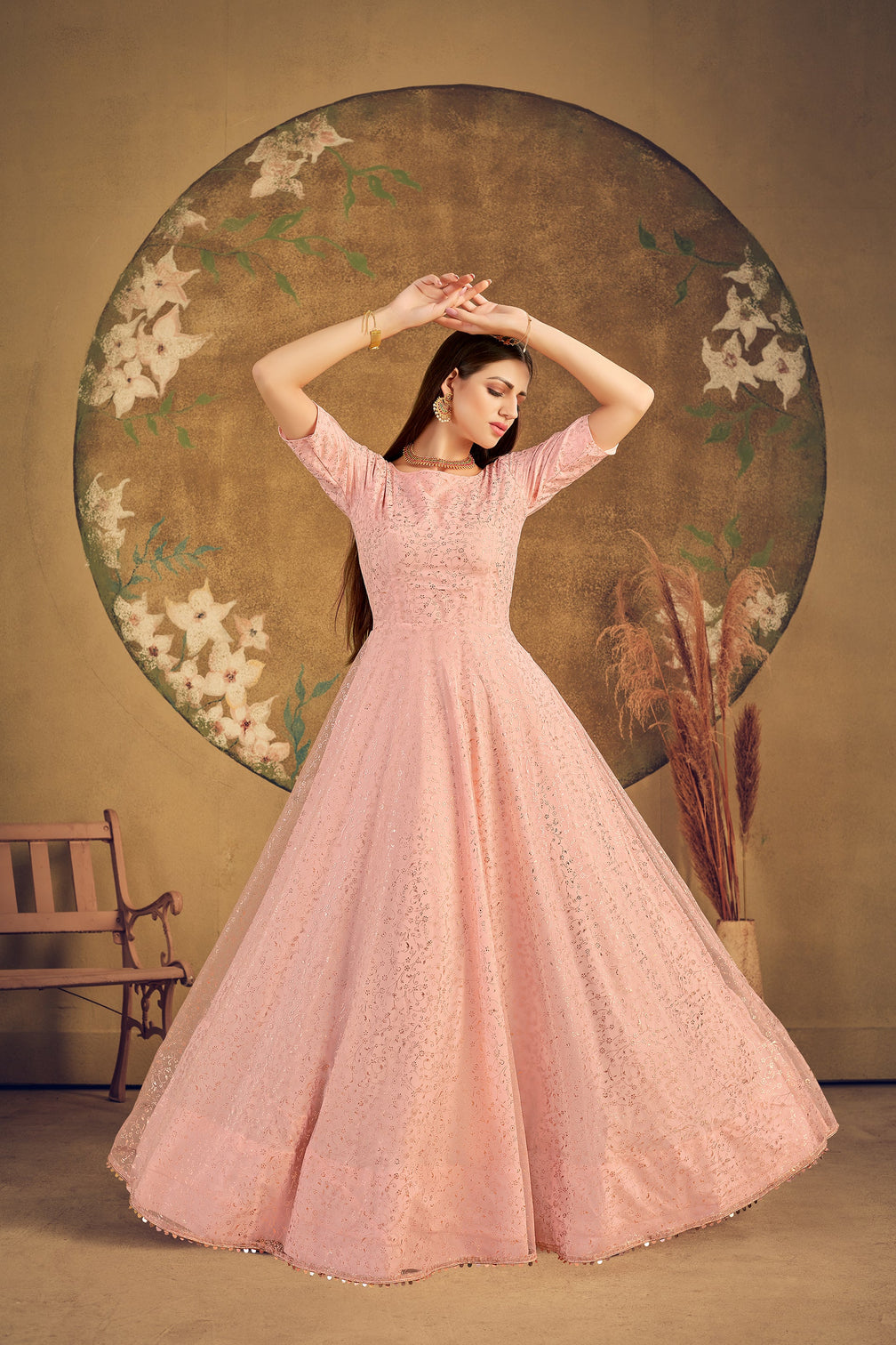 Stunning Peach Color Soft Net Base Fancy Work Designer Gown