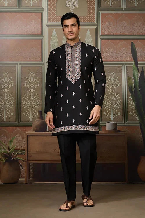Black Mens Kurta with Stylish Koti for Wedding Wear