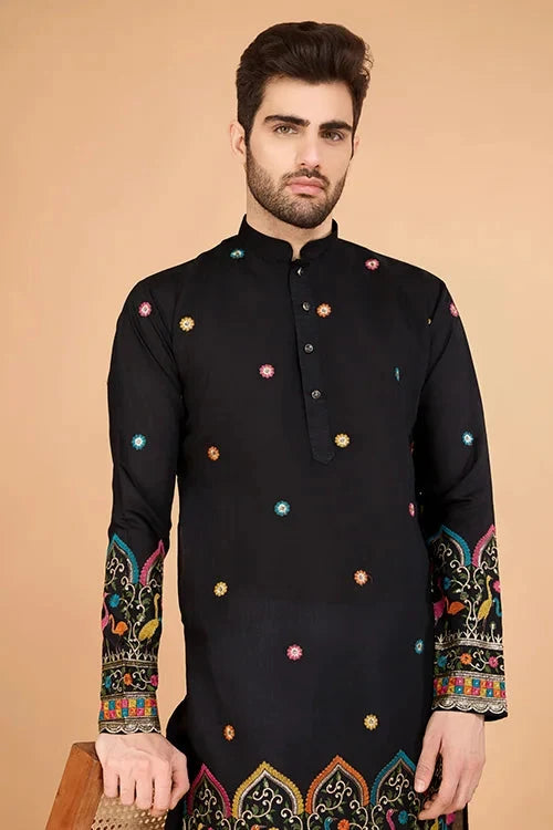 Black Viscose Silk Men's Designer Kurta