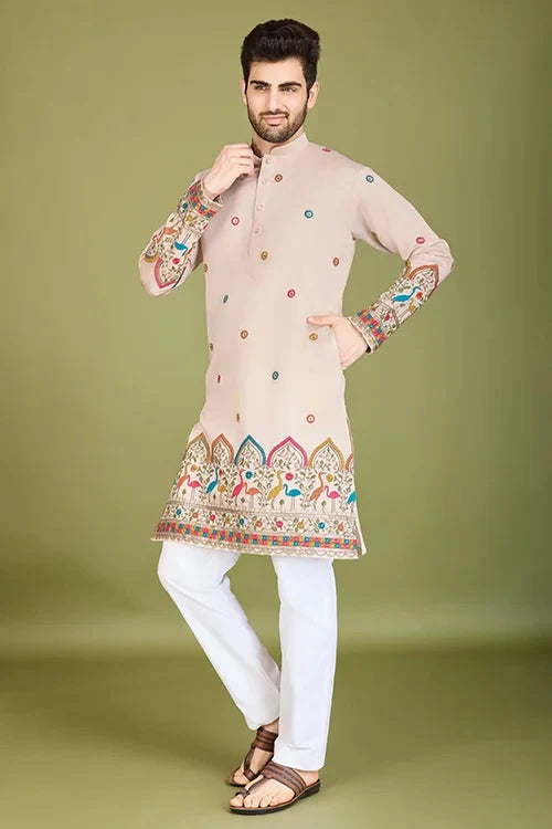 Designer Ivory Viscose Silk Men's Kurta Online