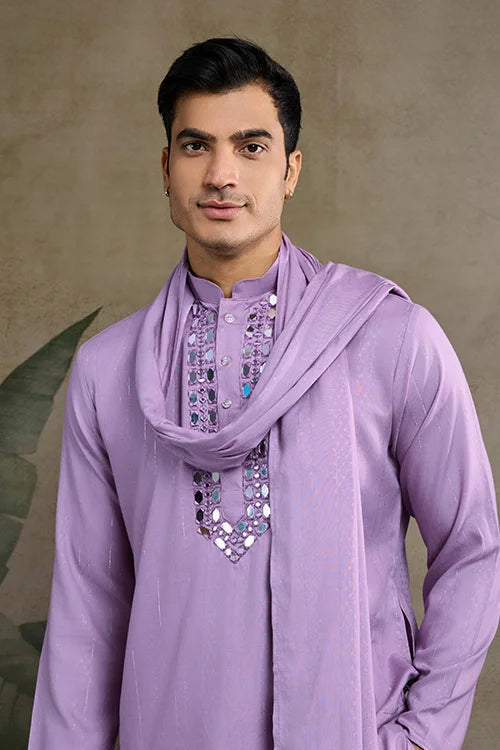 Dusty Pink Mirror Work Kurta for Men - Designer Wear