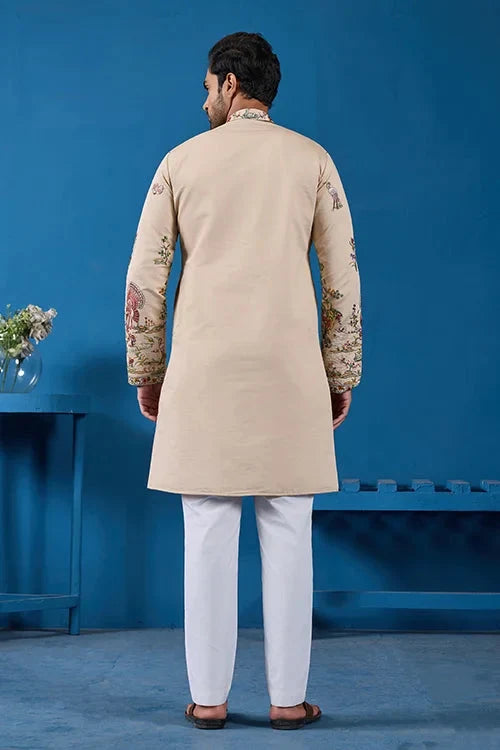 Perfect Festive Choice Beige Ethnic Kurta for Mens Wear