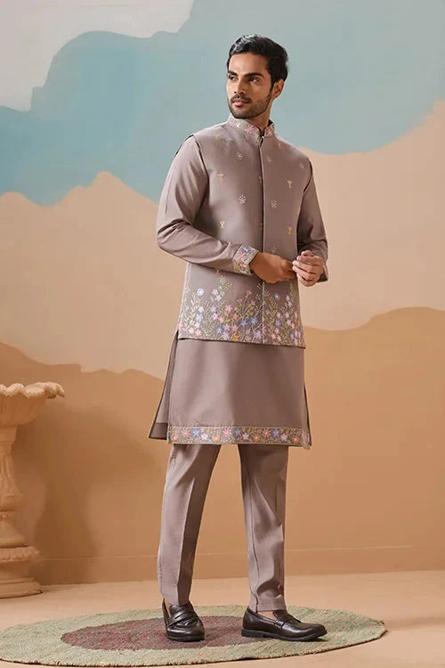Elegant Grey Embroidered Koti Kurta Pant for Mens