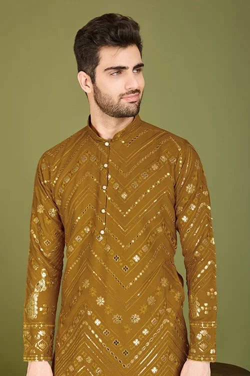 Yellow Viscose Rayon Men's Kurta with Thread & Sequence Work