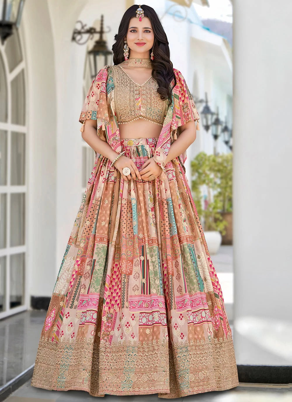 Stylish beige dori embroidered chinnon silk cocktail party wear lehenga choli with dupatta