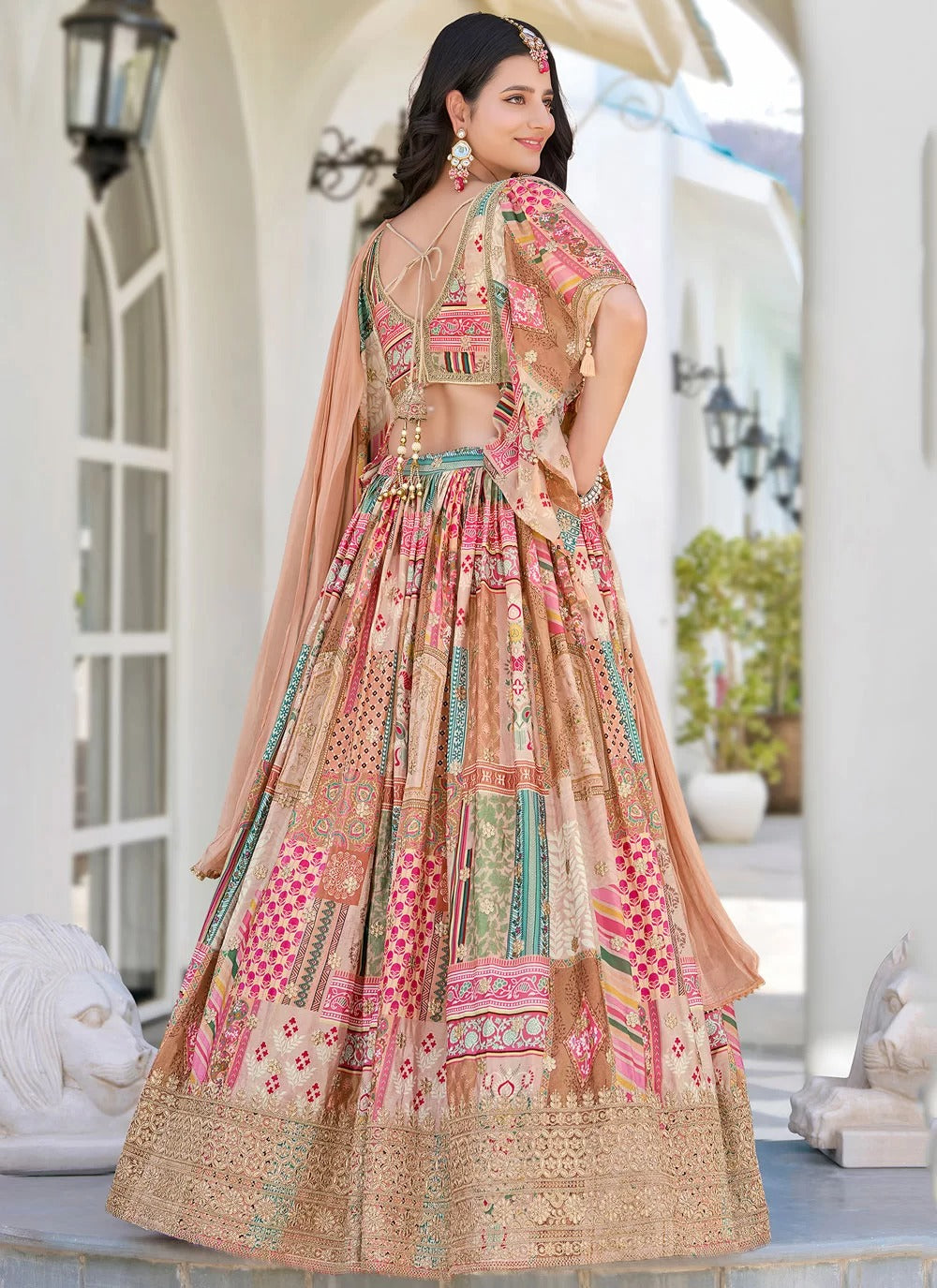 Stylish beige dori embroidered chinnon silk cocktail party wear lehenga choli with dupatta