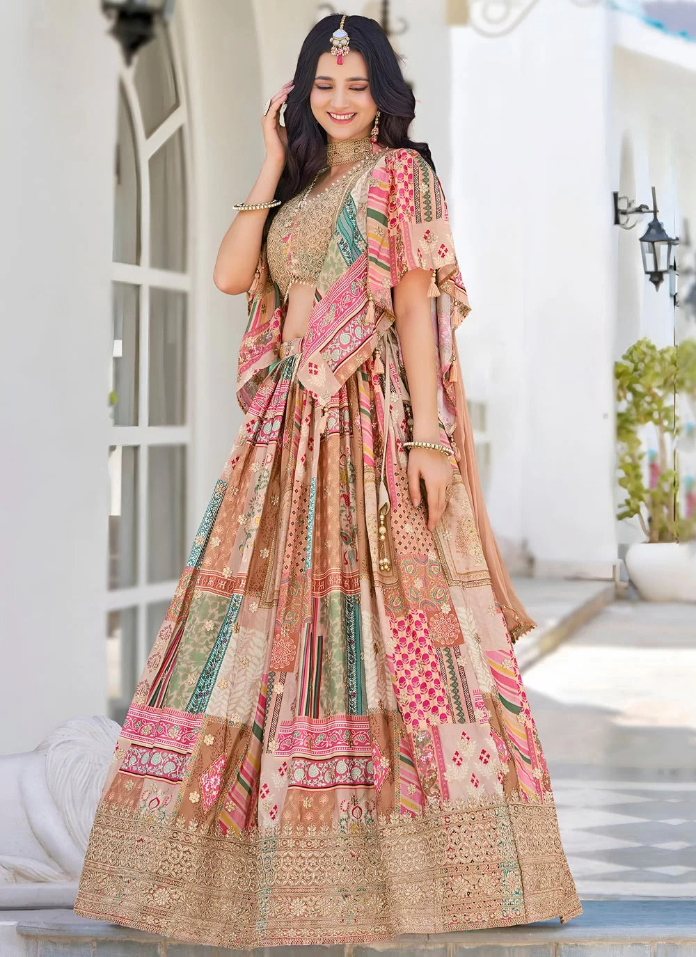 Stylish beige dori embroidered chinnon silk cocktail party wear lehenga choli with dupatta