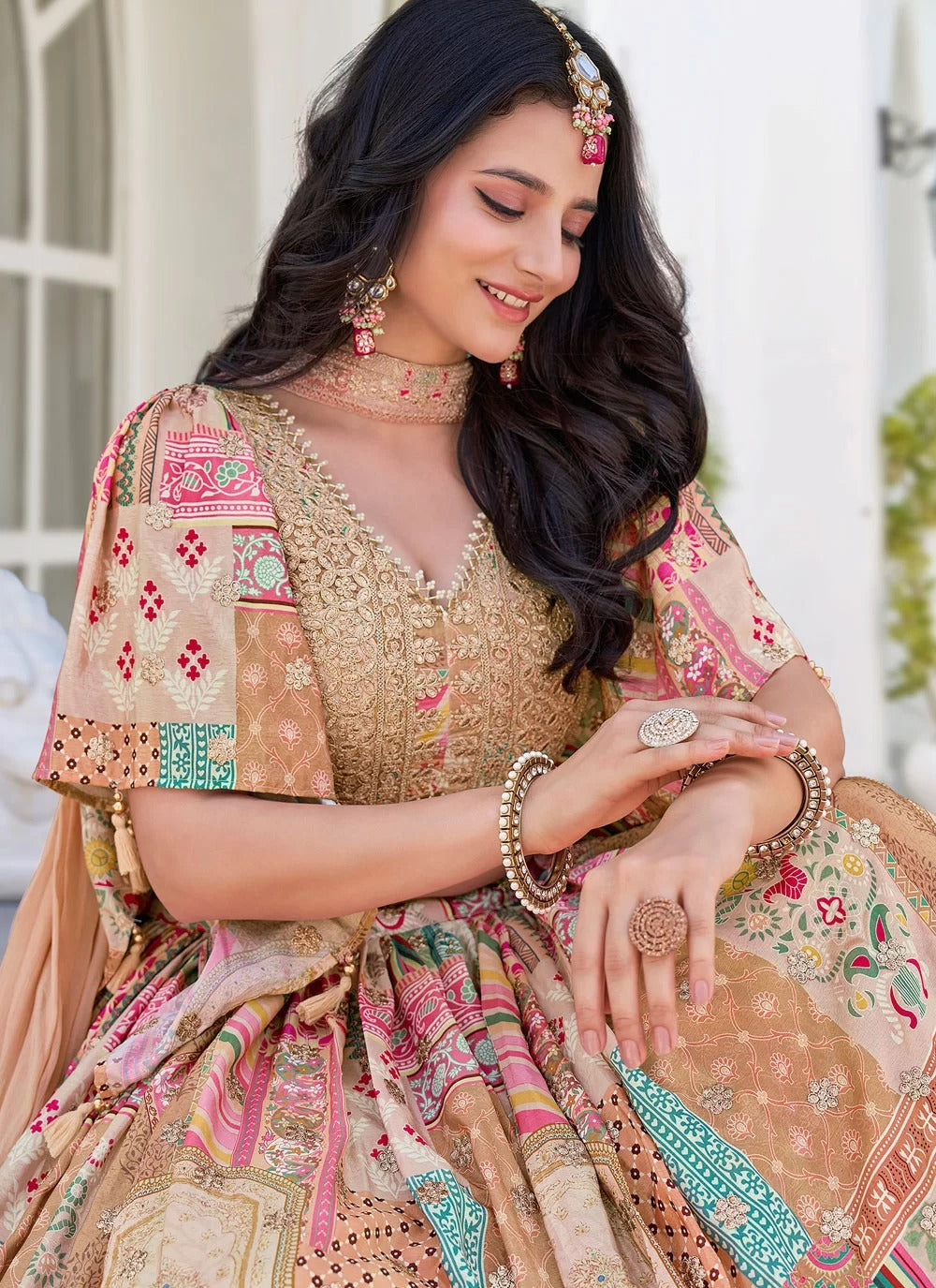 Stylish beige dori embroidered chinnon silk cocktail party wear lehenga choli with dupatta