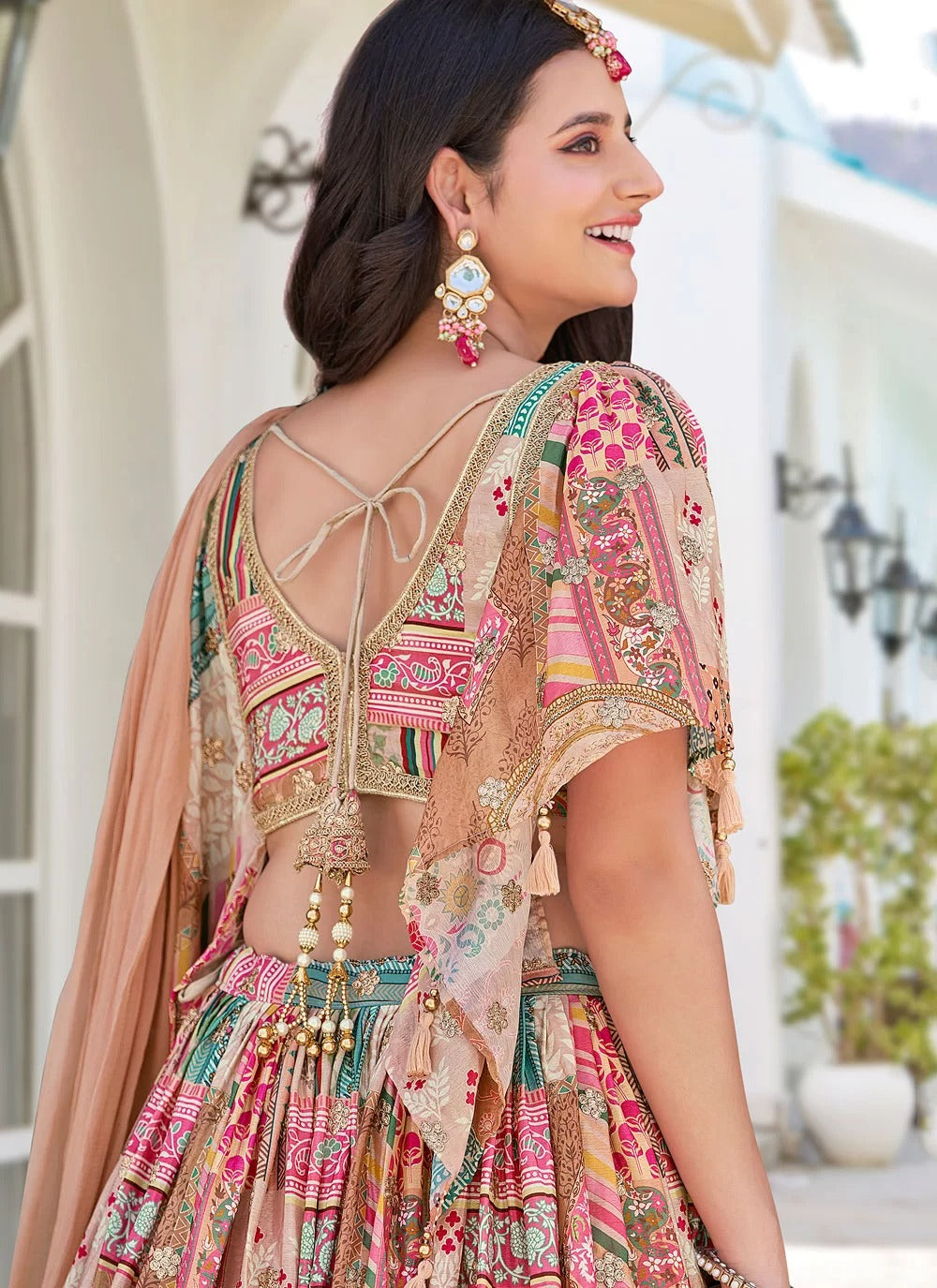 Stylish beige dori embroidered chinnon silk cocktail party wear lehenga choli with dupatta