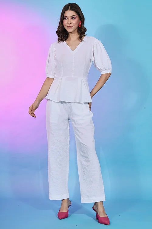 Stylish Fancy Wear White Self Design Work Co-Ord Collection