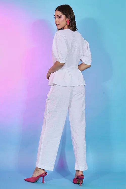Stylish Fancy Wear White Self Design Work Co-Ord Collection