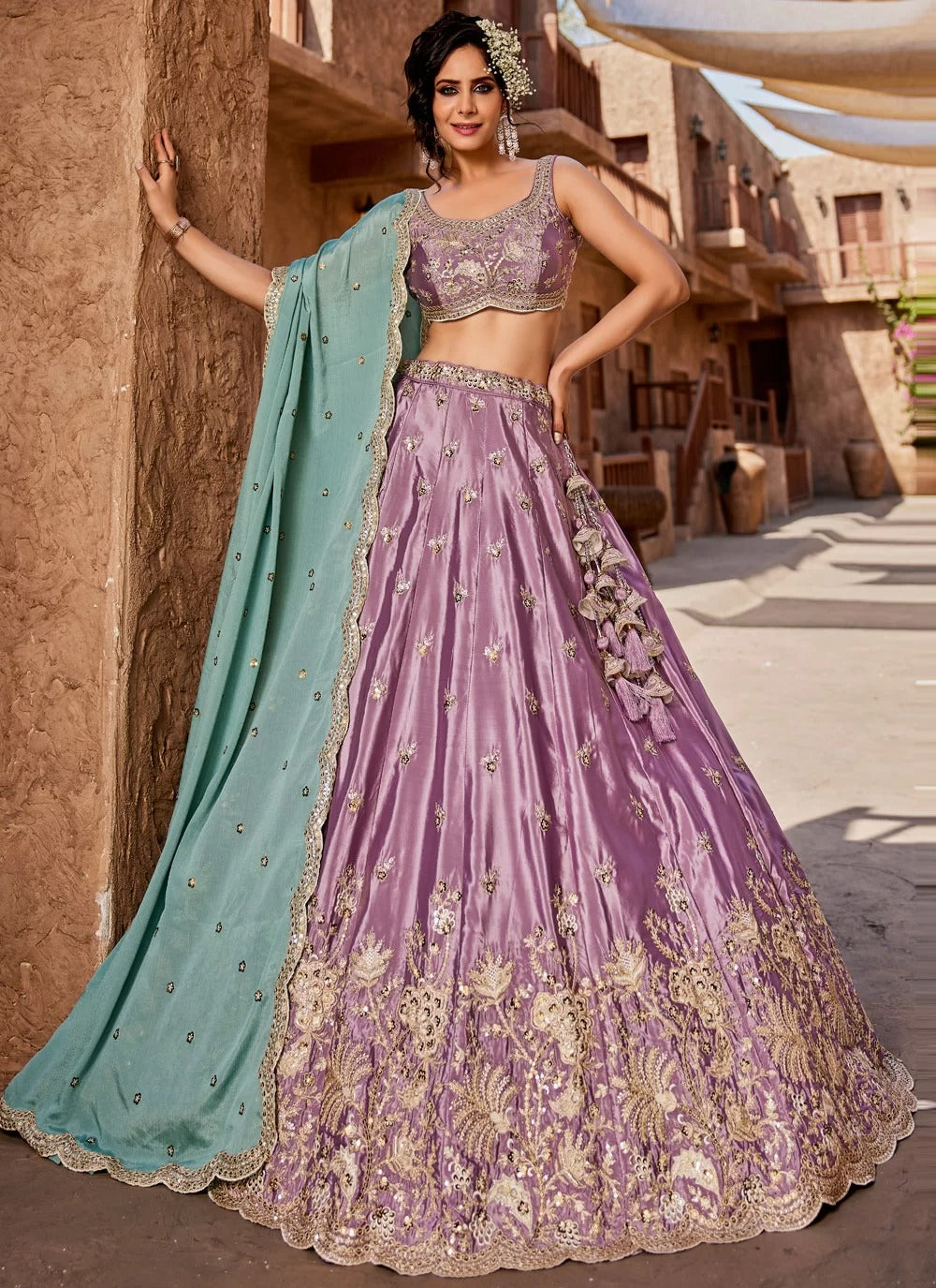 Stylish lavender satin embroidered wedding lehenga choli