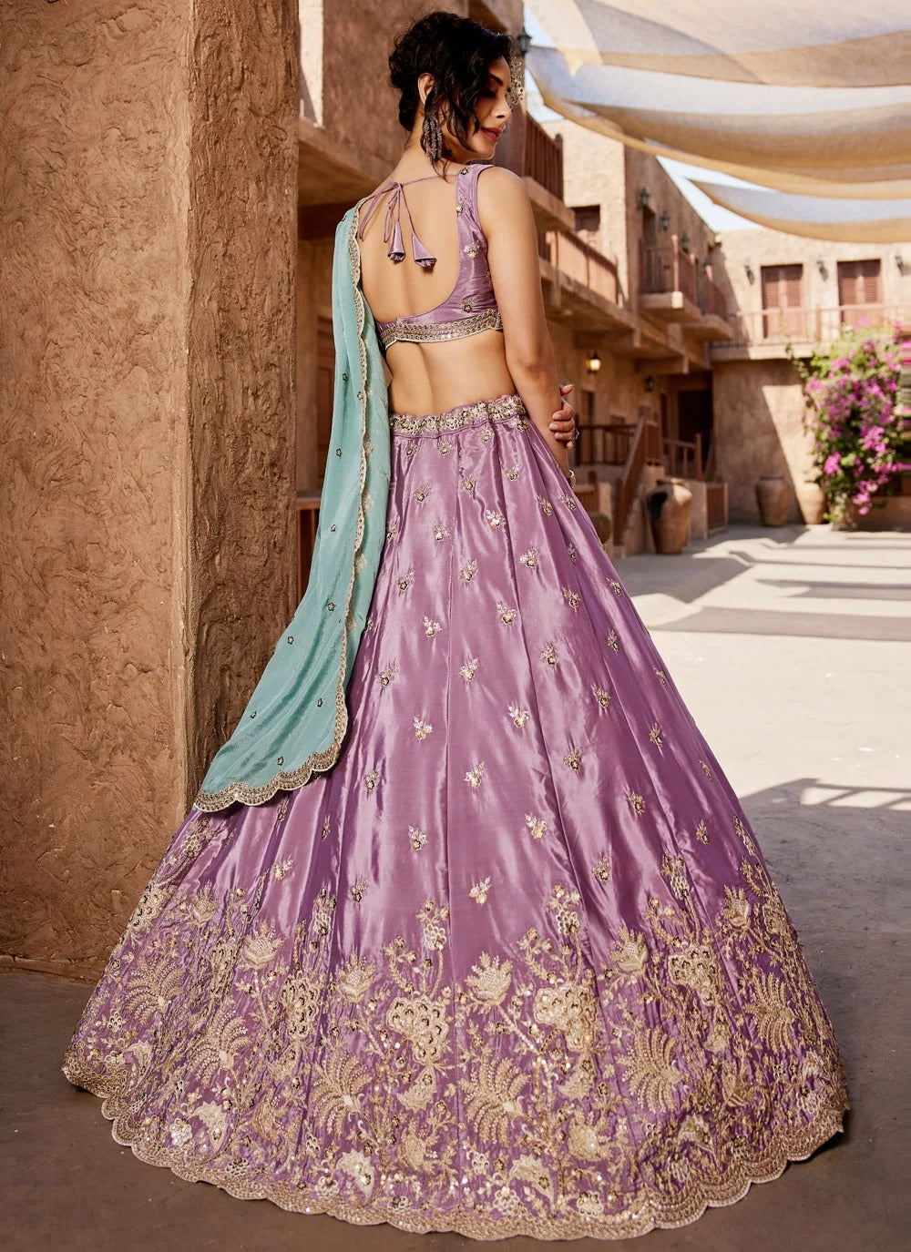 Stylish lavender satin embroidered wedding lehenga choli