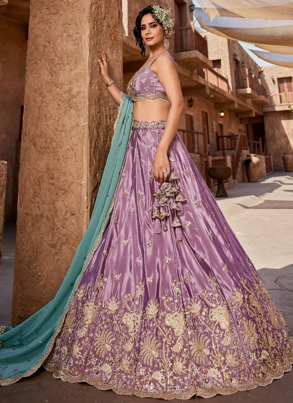 Stylish lavender satin embroidered wedding lehenga choli