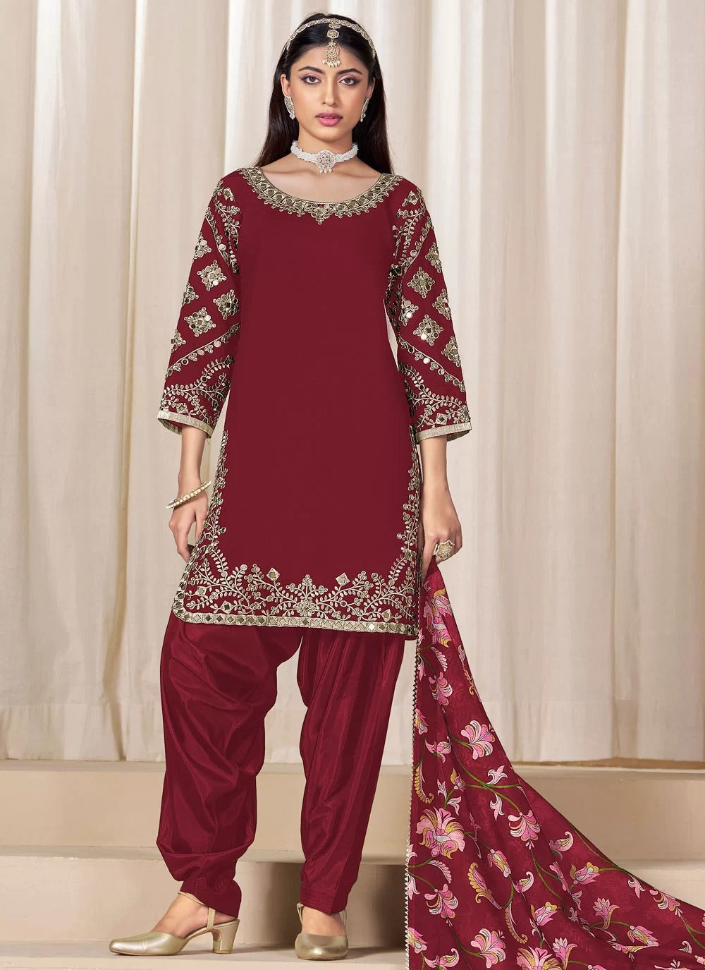 Stylish maroon mirror work punjabi suit in chanderi silk with glass embellishments