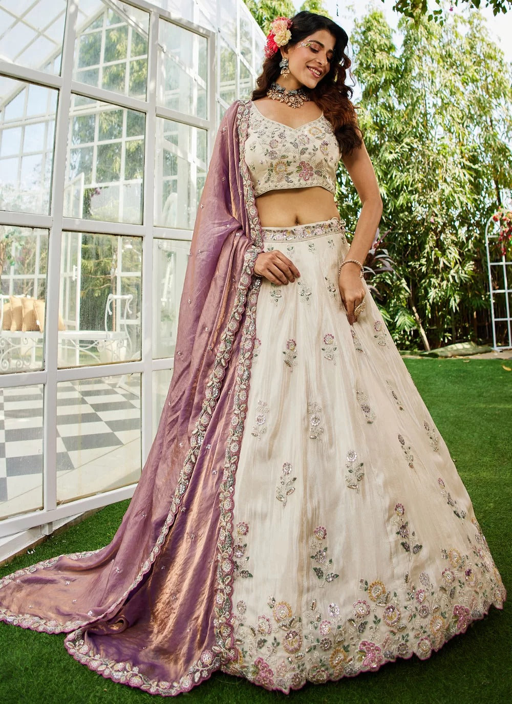 Stylish purple tissue embroidered lehenga choli for parties