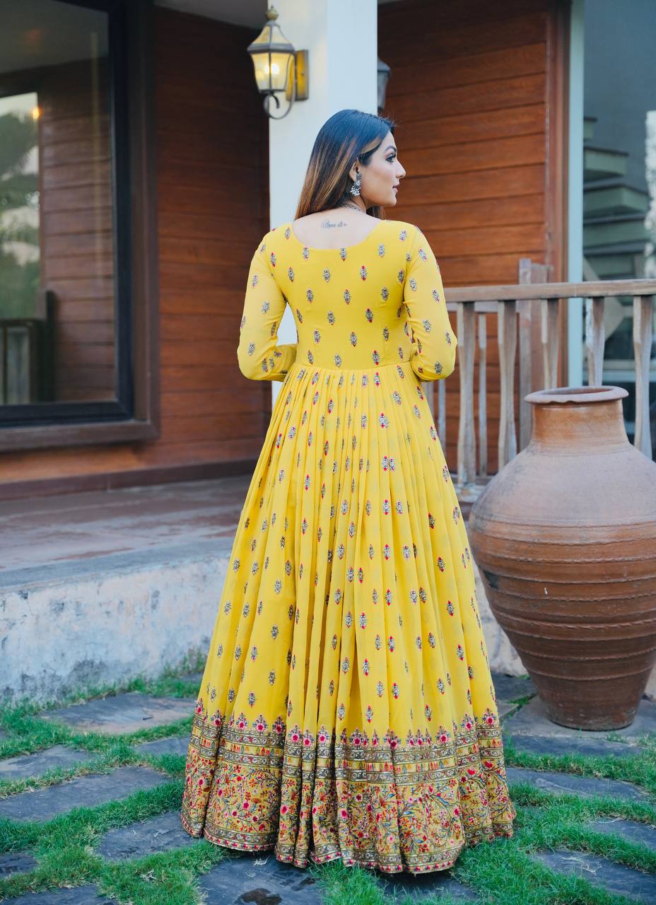 Stylish Yellow Color Embroidery Work Gown