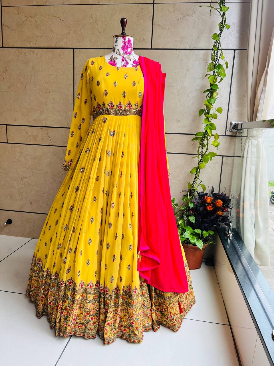 Stylish Yellow Color Embroidery Work Gown