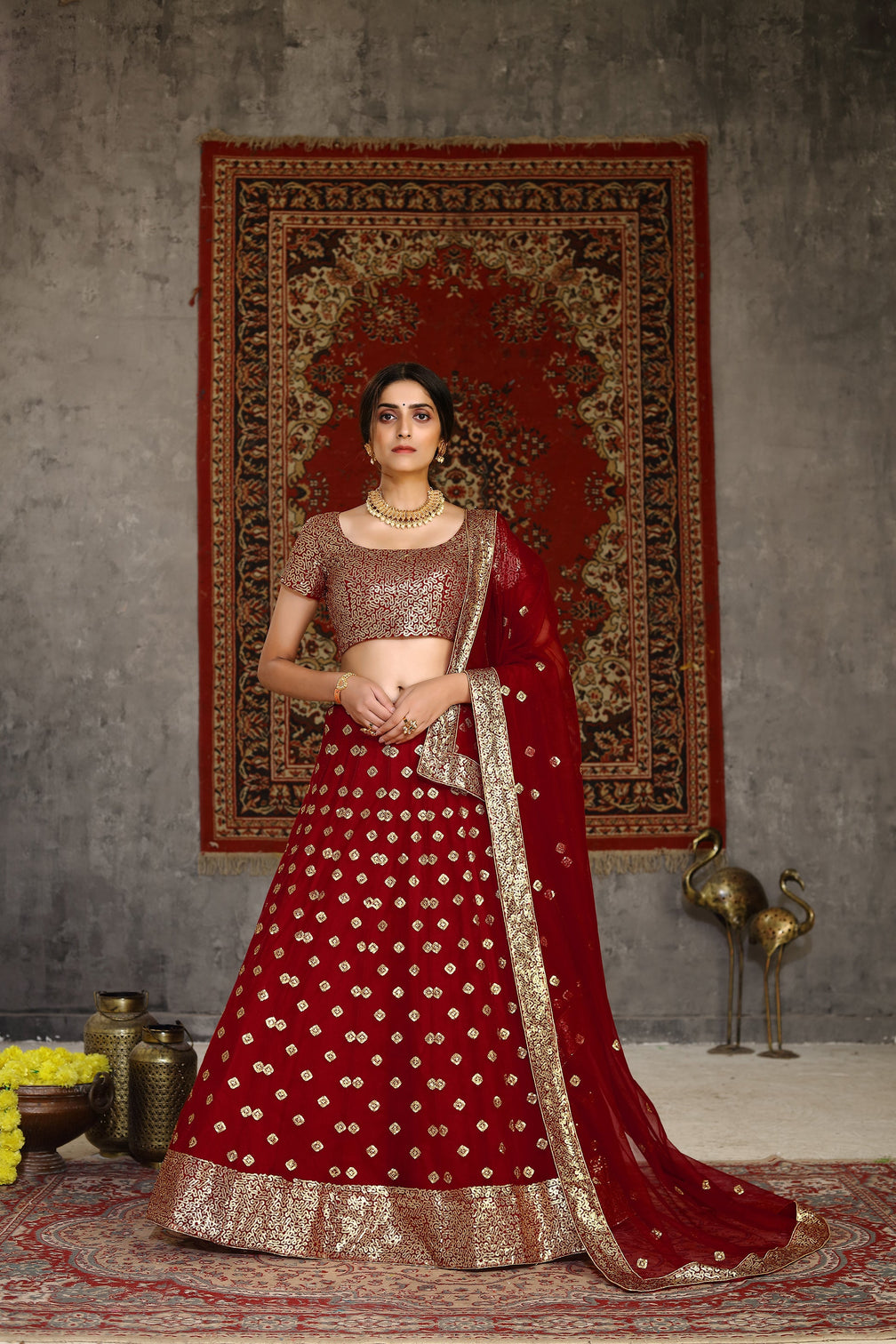 Sublime Red Sequins Embroidered Net Semi Stitched Bridal Lehenga
