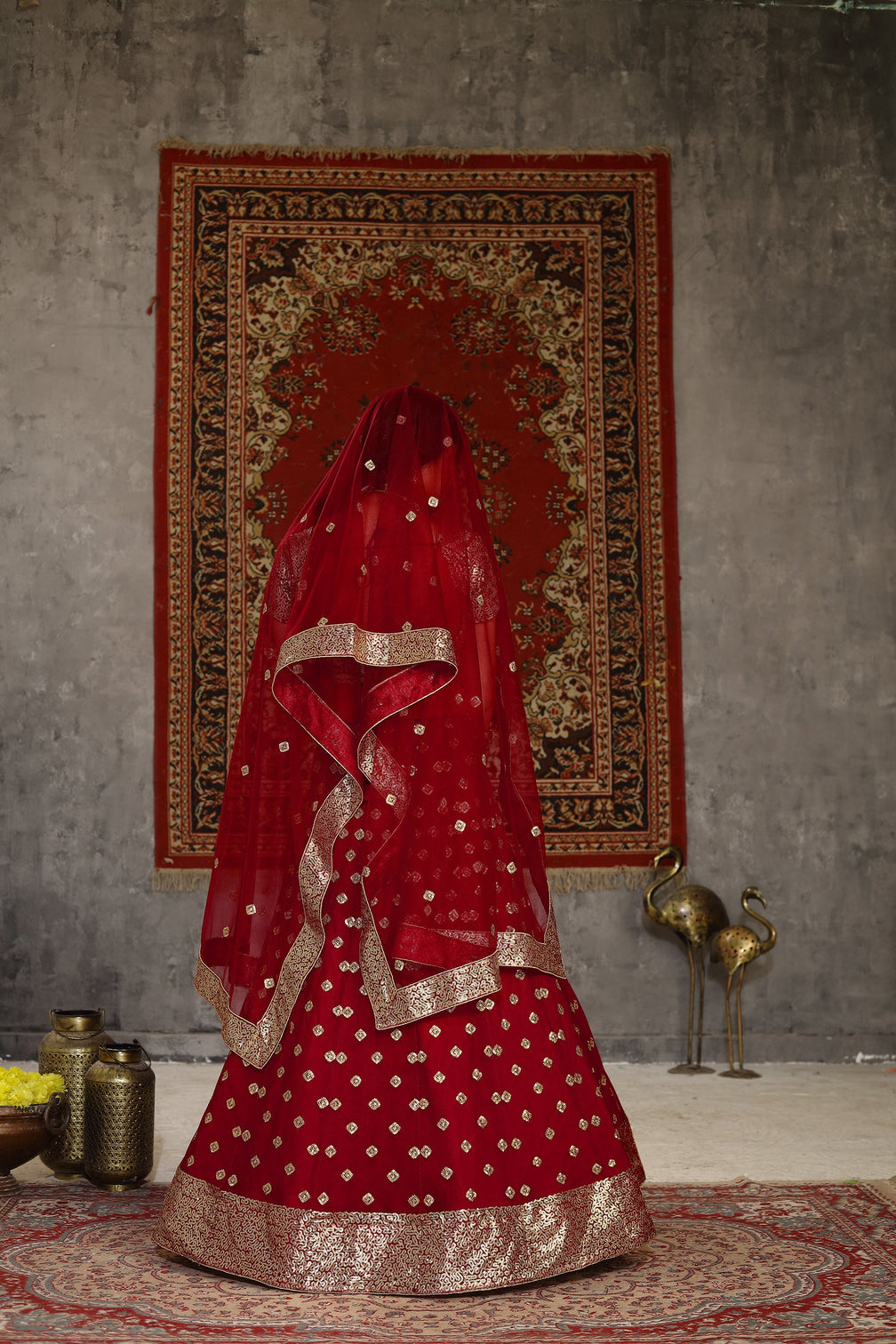 Sublime Red Sequins Embroidered Net Semi Stitched Bridal Lehenga