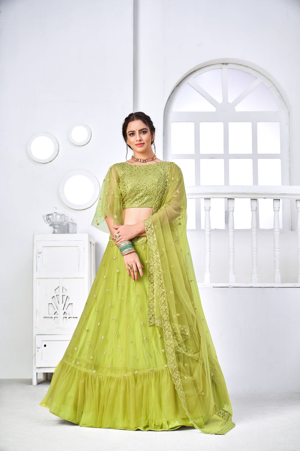Superb Light Green Thread Embroidery Festive Wear Lehenga Choli