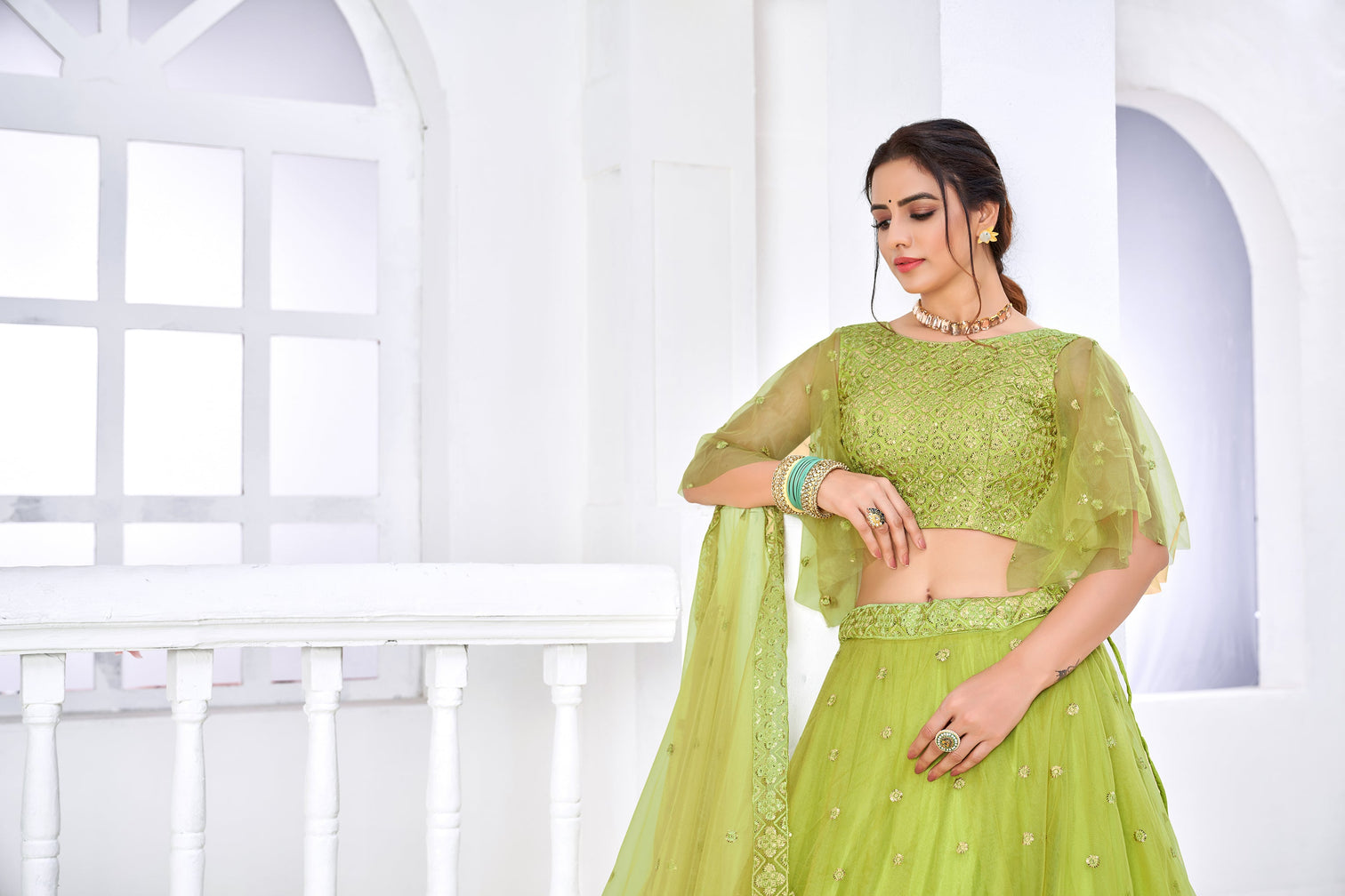 Superb Light Green Thread Embroidery Festive Wear Lehenga Choli