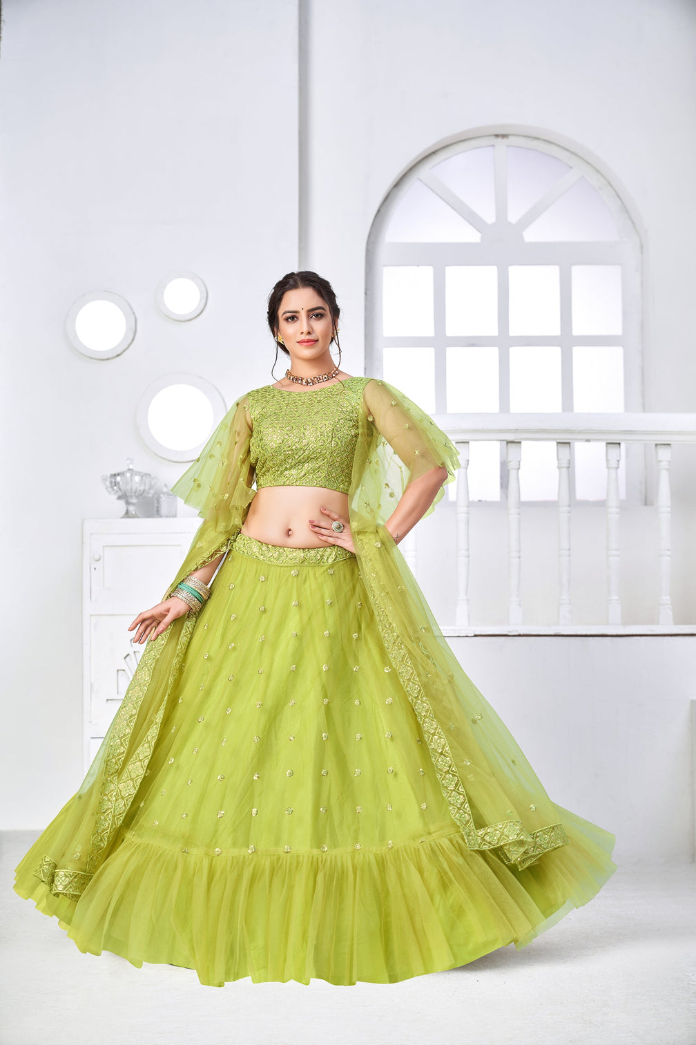 Superb Light Green Thread Embroidery Festive Wear Lehenga Choli