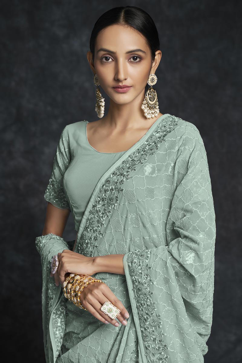 Sea Green Georgette Embroidered Classic Saree