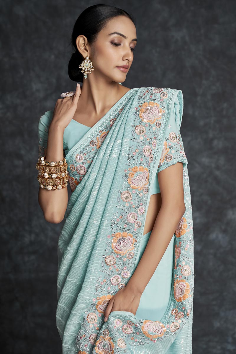 Light Cyan Georgette Wedding Contemporary Saree
