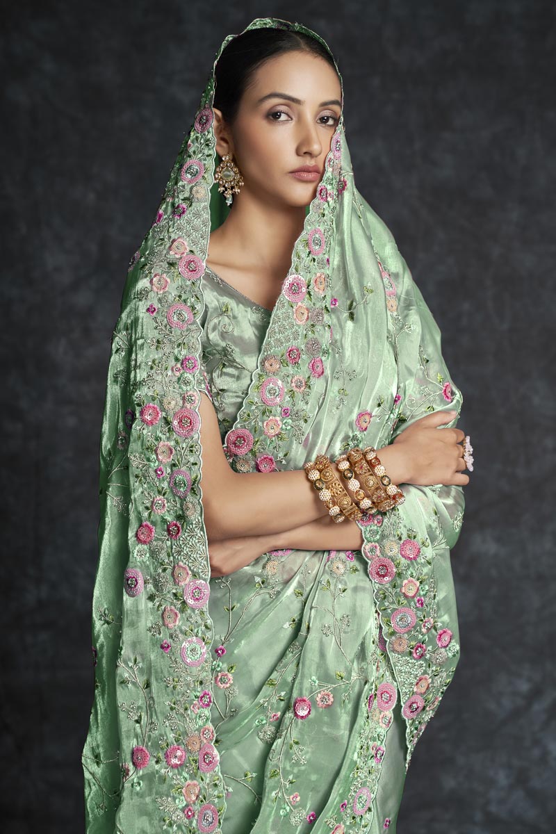 Embroidered Classic Green Color Wedding Saree