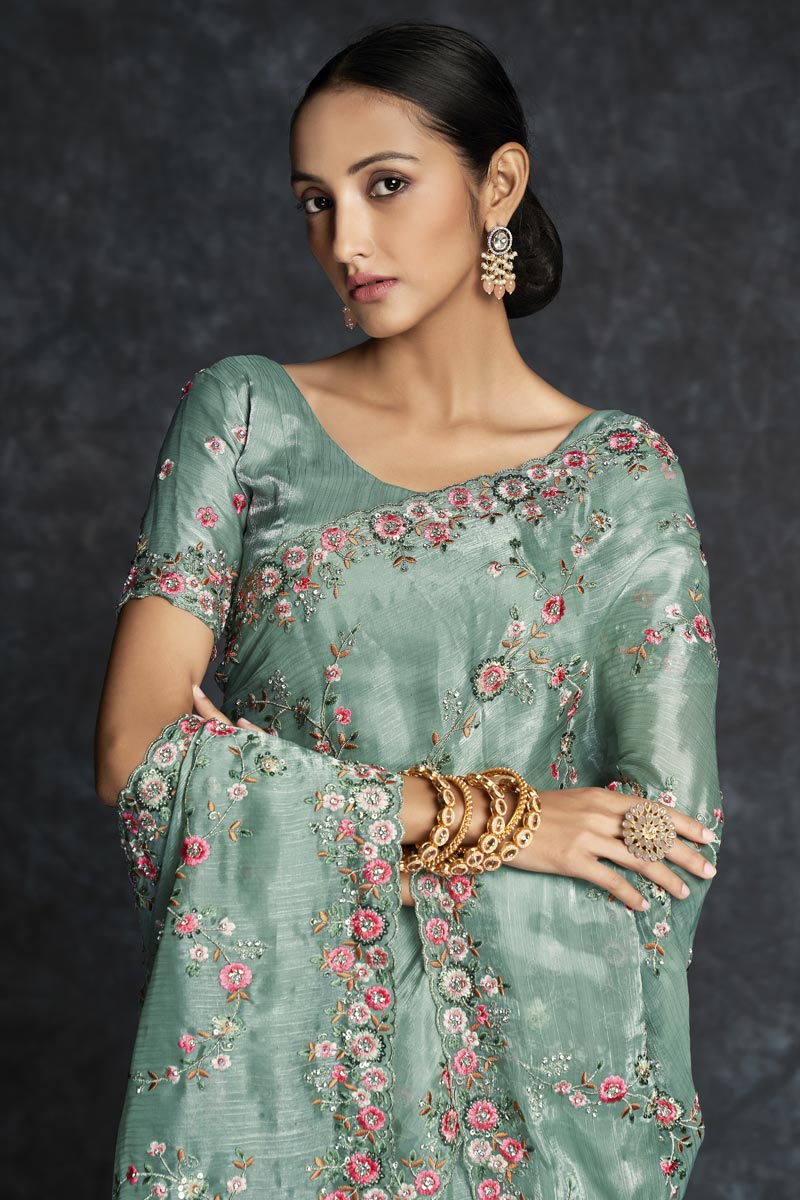 Blue Embroidered Contemporary Saree