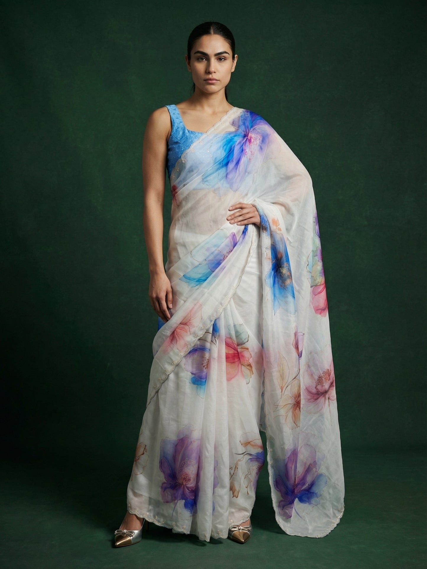 Blue Fendy Satin Floral Printed Saree with Handwork Embroidery and Cutwork Aari Border