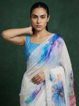 Blue Fendy Satin Floral Printed Saree with Handwork Embroidery and Cutwork Aari Border
