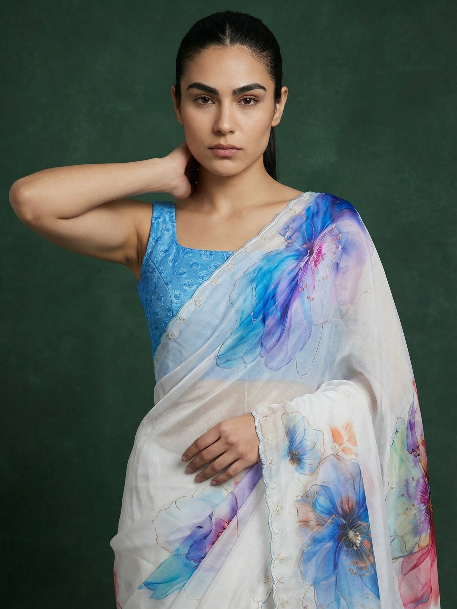 Blue Fendy Satin Floral Printed Saree with Handwork Embroidery and Cutwork Aari Border