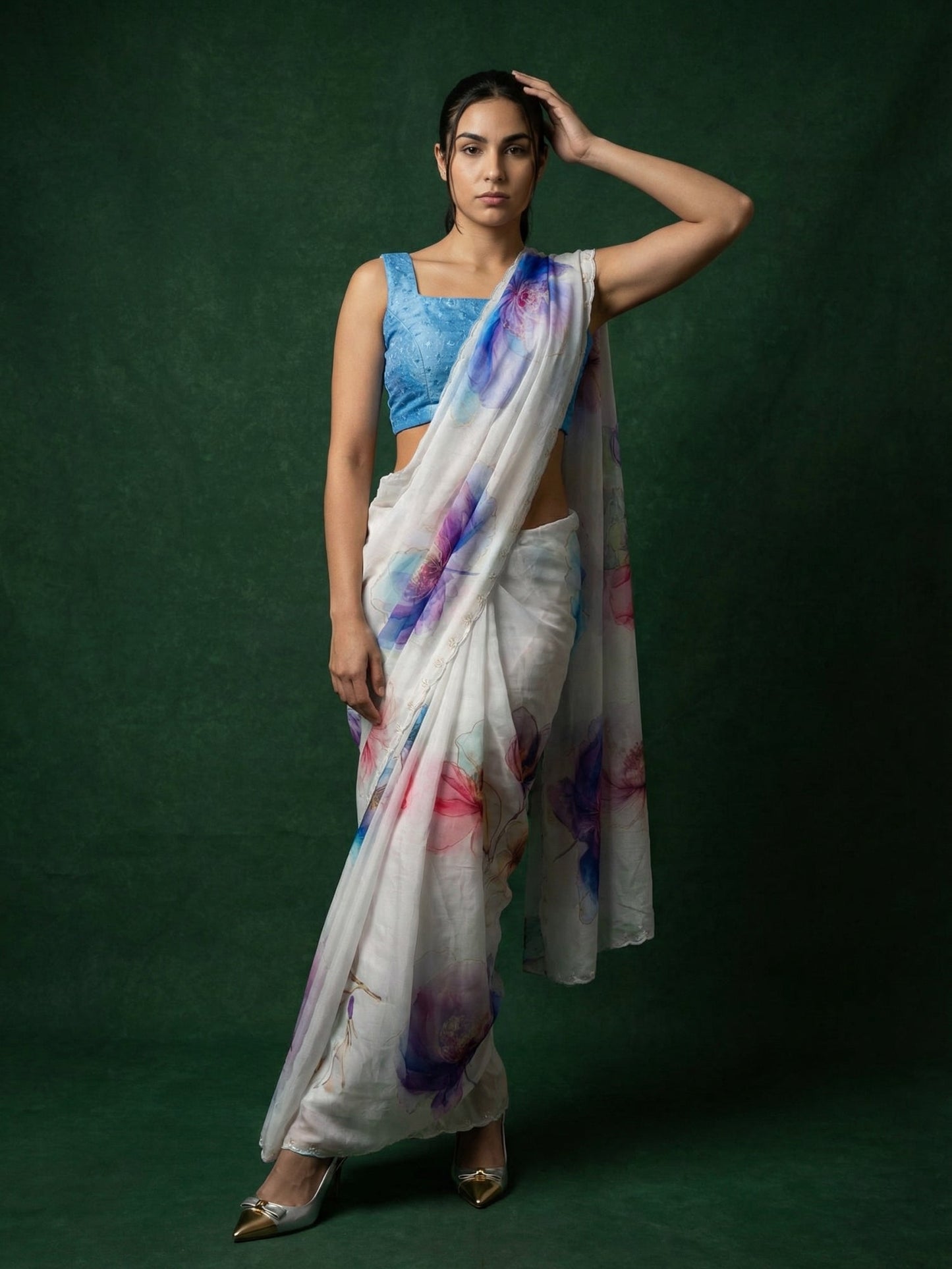 Blue Fendy Satin Floral Printed Saree with Handwork Embroidery and Cutwork Aari Border