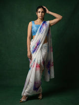 Blue Fendy Satin Floral Printed Saree with Handwork Embroidery and Cutwork Aari Border
