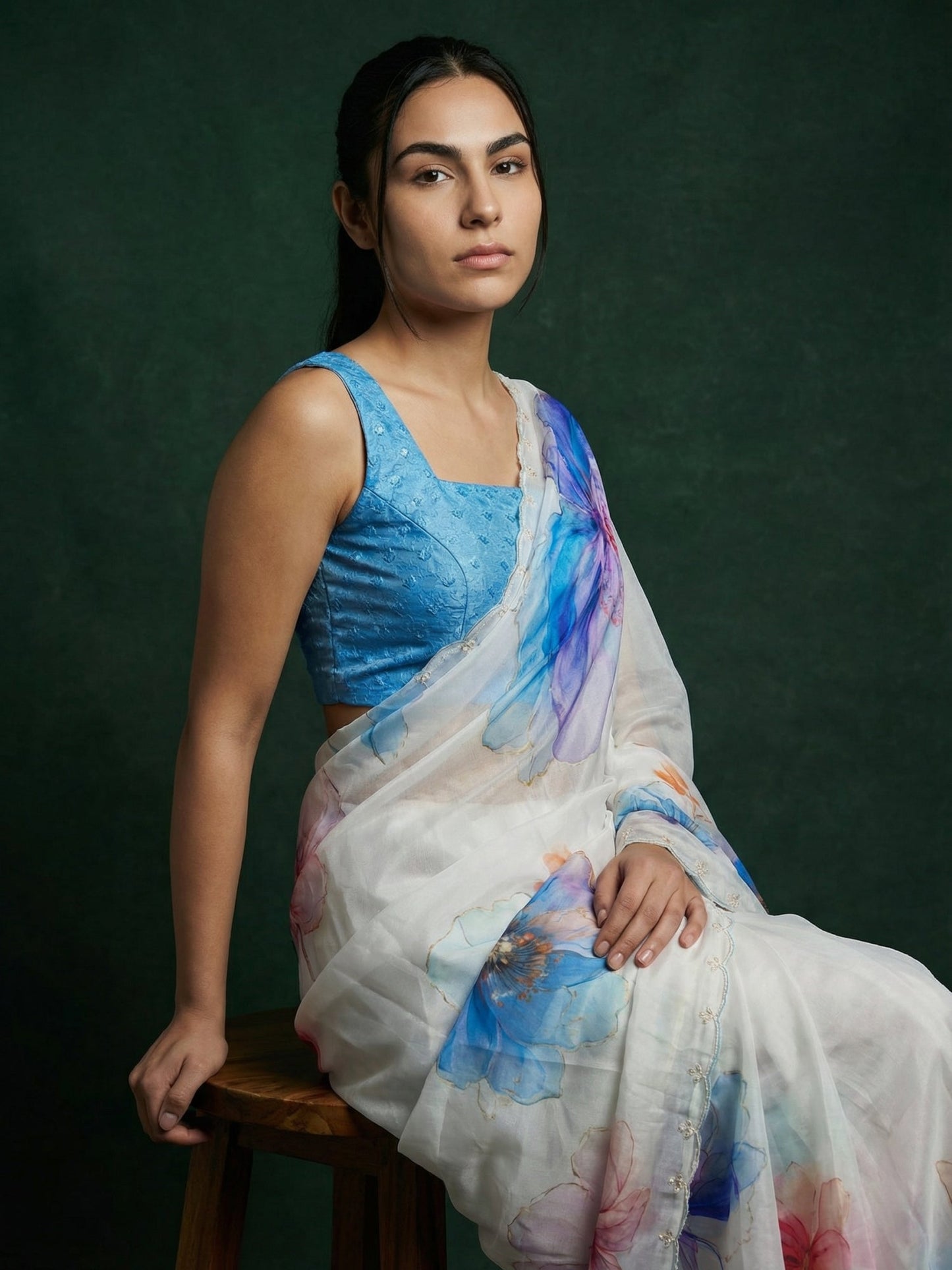 Blue Fendy Satin Floral Printed Saree with Handwork Embroidery and Cutwork Aari Border